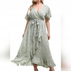 5/$16 💓Floral Green Wrap Dress Romantic And Feminine
